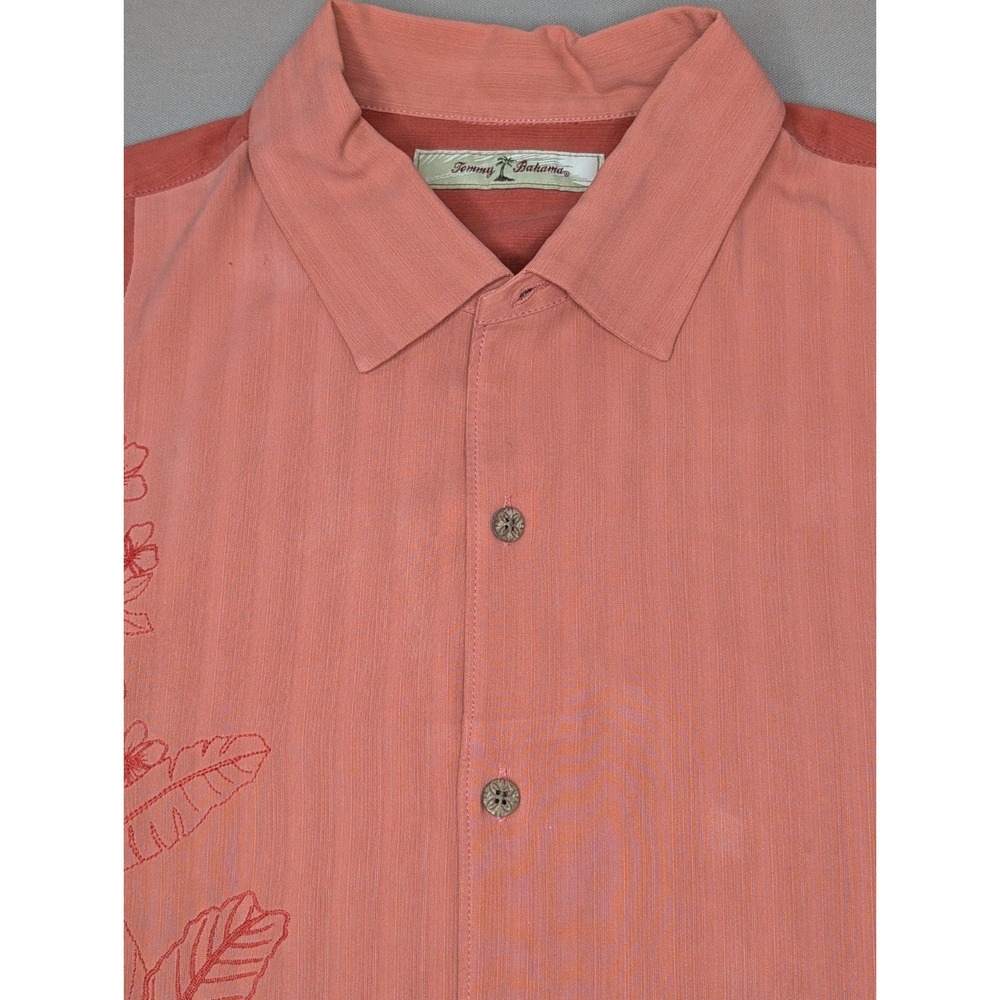 Tommy Bahama Shirt Men's XL Pink Embroidered Colorblock Silk Hawaiian Camp